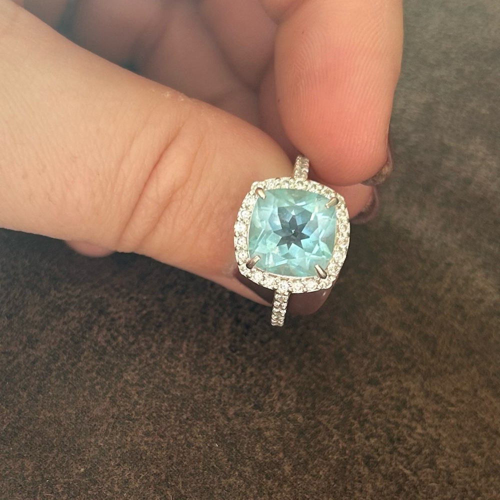 Aquamarine Cushion Cut Halo Sterling Silver Ring